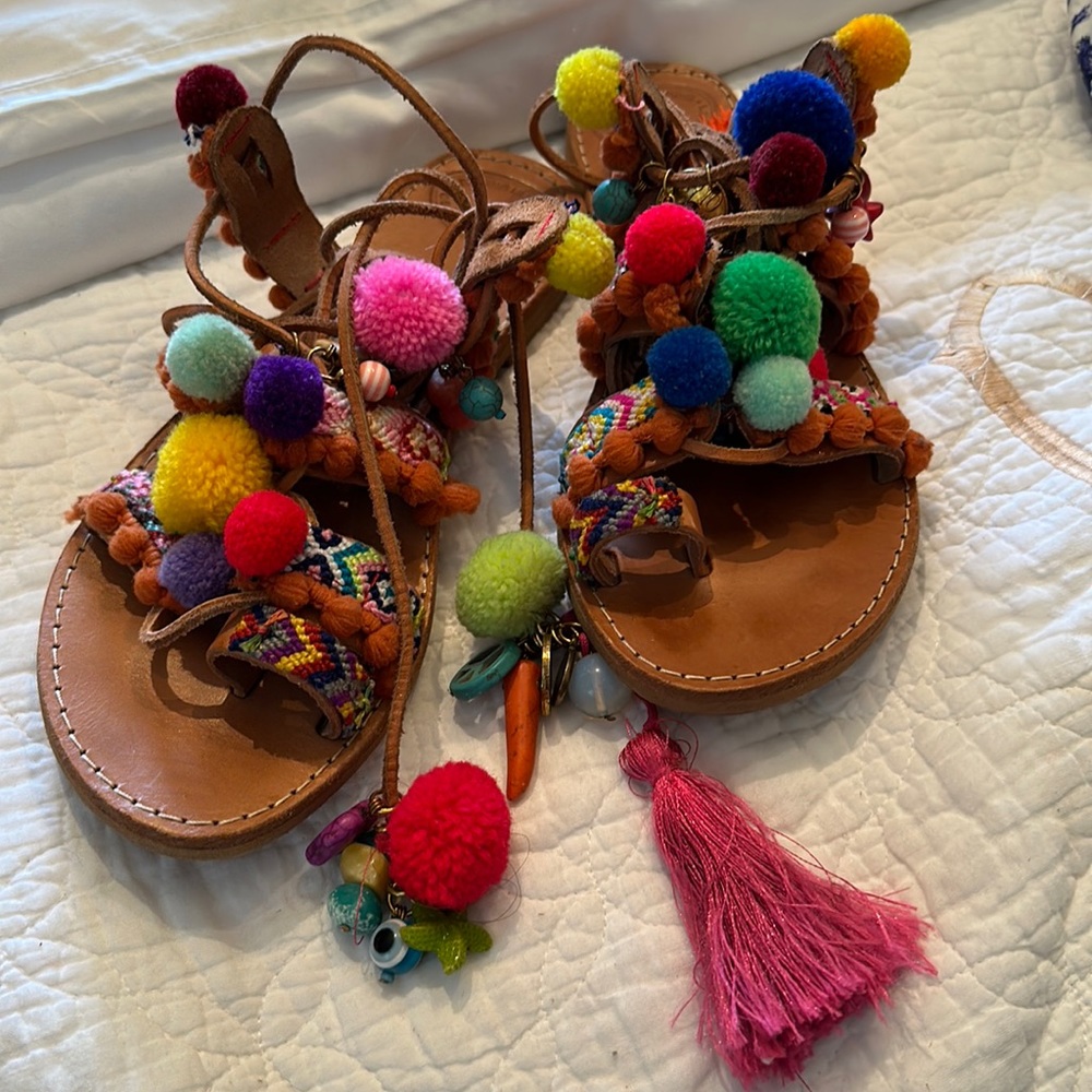 Handmade decorated Lace up Leather Pom pom Gladiator Sandal, Made In Greece, 7